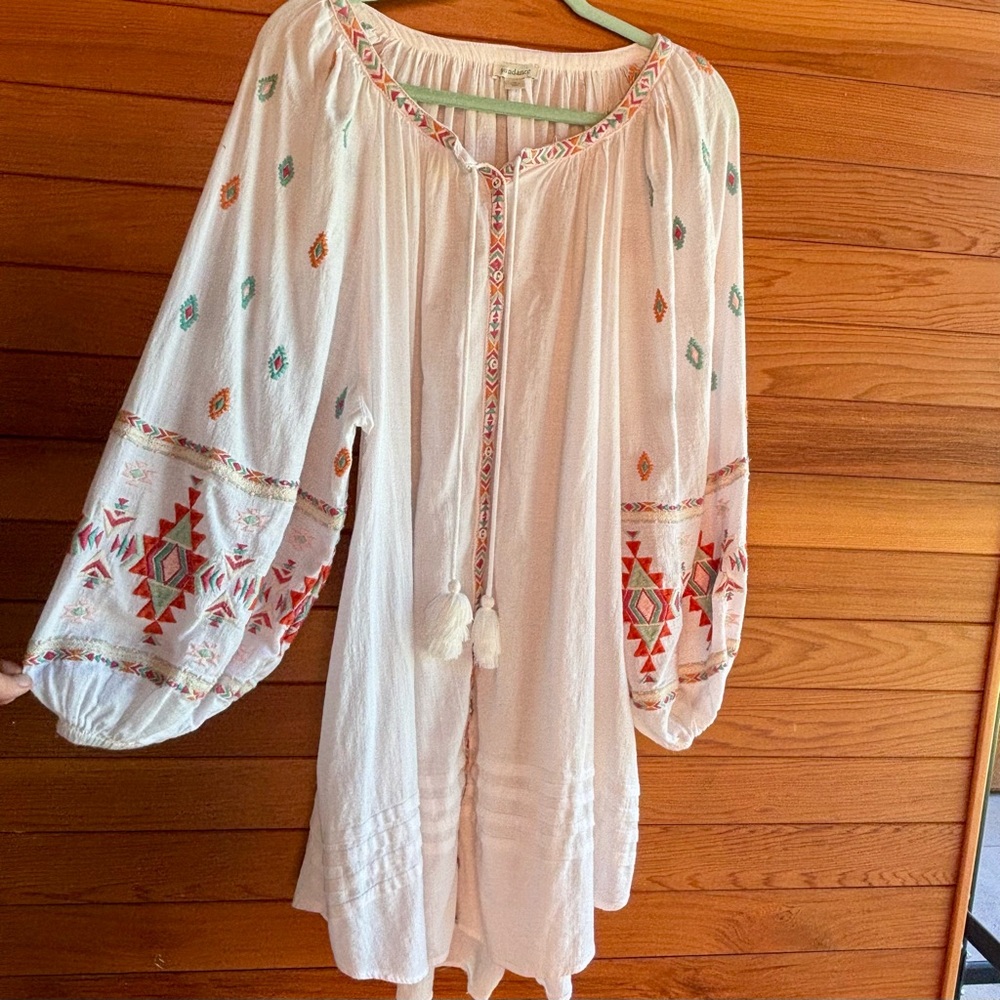 Sundance White Boho Embroidered Peasant Dress with Red and Turquoise Accents
